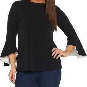 NWOT Susan Graver Liquid Knit Bell Sleeve Top 3X Black with White Pop Lining